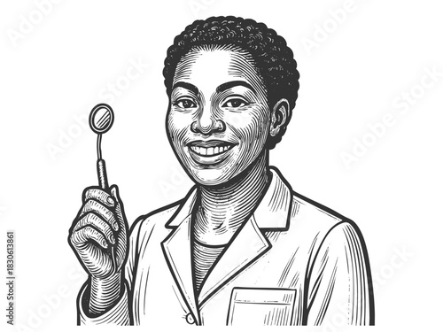 confident woman dentist in a lab coat holding a dental mirror, ideal for oral health themes sketch engraving generative ai fictional character vector illustration. Scratch board. Black and white image