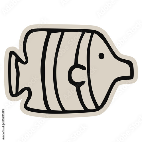 Hand-drawn doodle illustration of a striped tropical fish with large fins, perfect for digital scrapbook, collage, cut-out, ocean, sea, aquatic life, sticker, and paper craft design.