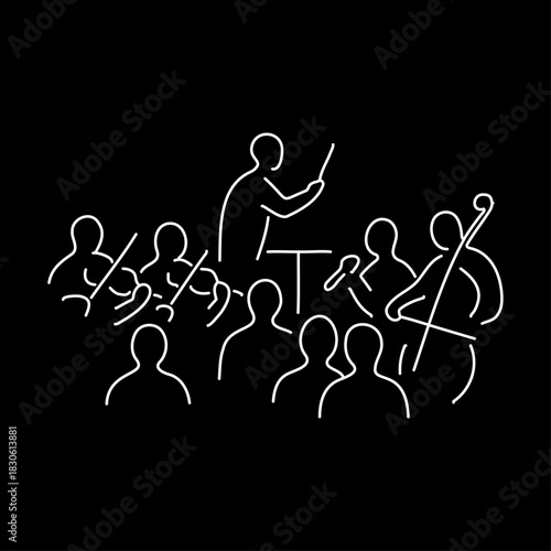 Minimalist line art showing an orchestra with a conductor and musicians playing string instruments in a stylized performance scene on a black background