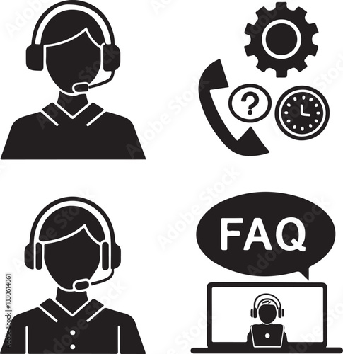 Solid black customer support silhouette icons on clean white background featuring headset agent, chat bubble, FAQ mark, call center helpdesk symbols in modern vector style