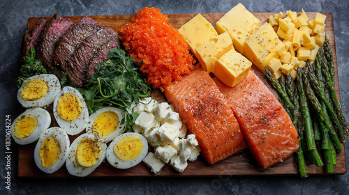 Keto High-Protein Meal Ingredients - Salmon, Steak, Eggs, and Cheese Ketogenic Diet Arrangement