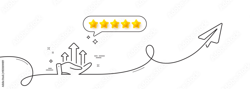 Naklejka premium Growth chart line icon. Continuous line with share plane. Money profit sign. Investment symbol. Five star rate review in speech bubble. Growth chart single line ribbon. Loop curve pattern. Vector