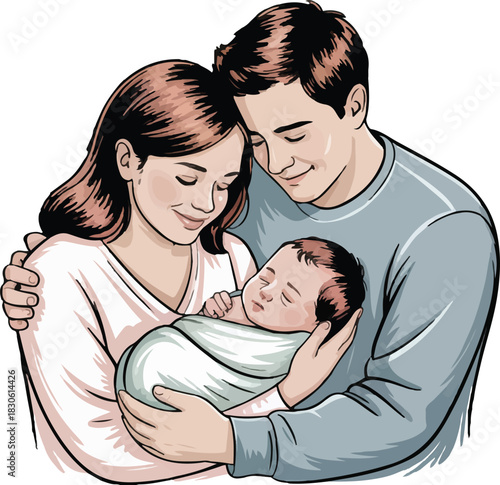 Happy family portrait, mother, father and baby, creating lifetime memories, love, warmth, care, togetherness in parenthood
