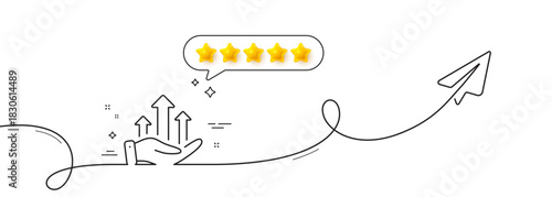 Growth chart line icon. Continuous line with share plane. Money profit sign. Investment symbol. Five star rate review in speech bubble. Growth chart single line ribbon. Loop curve pattern. Vector