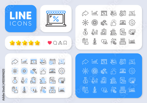 Discounts ribbon, Money calculator and Sale line icons for web app. Message, Share, Like social media icons. Pack of Report, Calendar tax, Chart pictogram icons. Vector