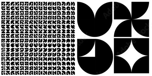 vector black geometric pattern set isolated on white background. Circle quarter bauhaus shapes
