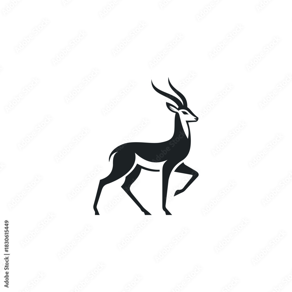 Obraz premium A sleek black silhouette illustration of an elegant antelope or impala standing in a proud pose with long curved horns and refined lines