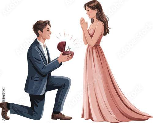 Man on his Knee Presenting Ring to Woman in Peach Color Gown for an Engagement Ceremony Isolated with Shining Sparklers Vector Design