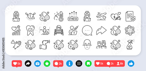 Stress grows, Iodine mineral and Use gloves line icons pack. Social media: share, comment, like icons. Coronavirus, Heart beat, Electronic thermometer web icon. Vector