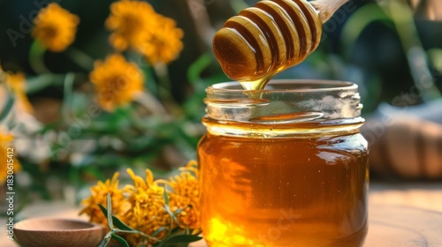Golden Liquid Sweetness in a Honey Jar, Nature s Nectar with a Wooden Dipper for Sweet Delights