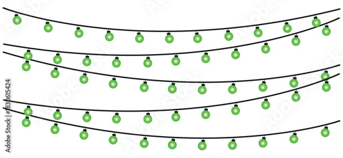 A set of four strings of green christmas lights hanging against a white background for the holidays , glowing holiday lights garland bulbs, twinkling fairy lights glow