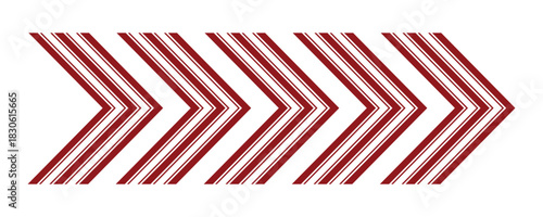 Christmas swipe arrow with festive chevron stripes in red and white. Holiday themed directional graphic for seasonal banners websites greeting cards invitations and winter celebration design projects