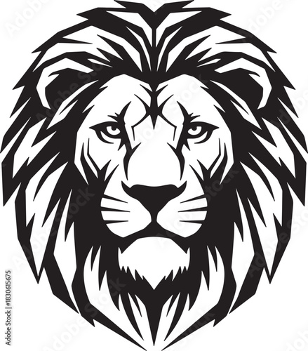 Black and white graphic illustration of a lion head with sharp mane animal wildlife