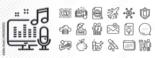 Artificial intelligence, Cloud server and Seo file line icons for web app. Glare of light effect. Message icon. Pack of Thumb down, Chemistry pipette, Food delivery pictogram icons. Vector