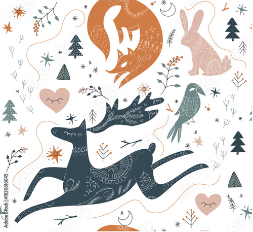 Scandinavian winter night Animals colourful pattern