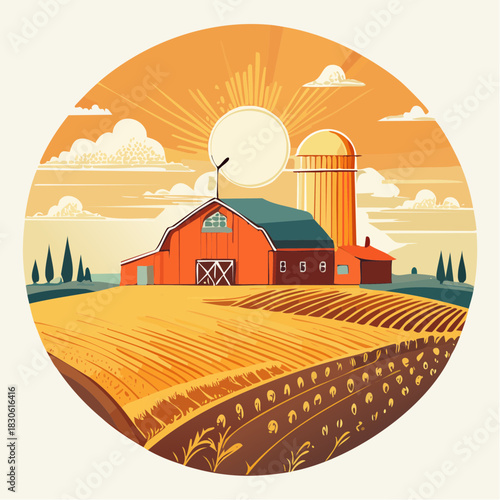 Farm Sunset: A tranquil farm scene at sunset, with a classic red barn, silo, and cultivated fields under a radiant sun. Capturing the essence of rural life and natural beauty.
