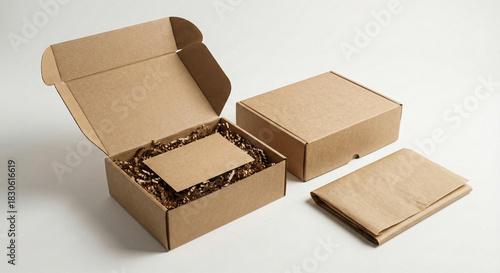Open kraft mailer box with shredded paper filler and packaging items on white background