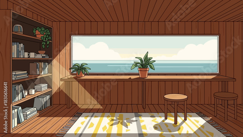 Cozy ocean view room with bookshelf and sunbeam on wooden floor.