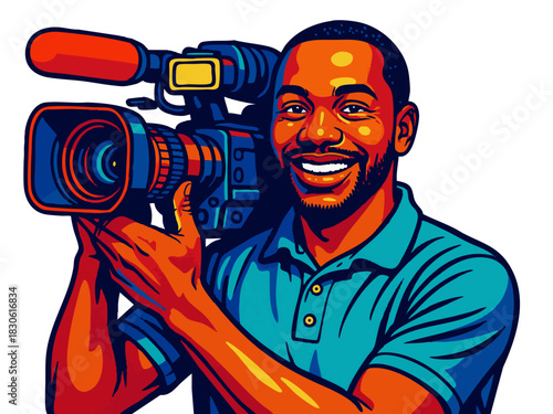 man filming with a professional video camera, ideal for media and production themes. Generative ai vector colorful pop art illustration.