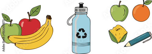 Healthy Eating Fruits, Water Bottle, and Sustainable Stationery