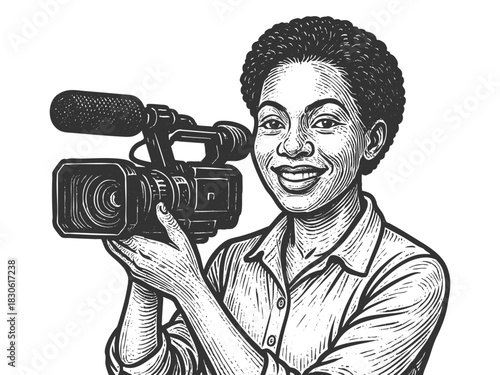 smiling woman holding a professional video camera, ideal for media, journalism, and filmmaking themes sketch engraving generative ai vector illustration. Scratch board. Black and white image.
