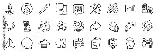 Chart, Cloud server and Project deadline line icons pack. Share, Message, Paper plane icons. Puzzle, Brush, Pin web icon. Fake news, Crowdfunding, Best result pictogram. Vector