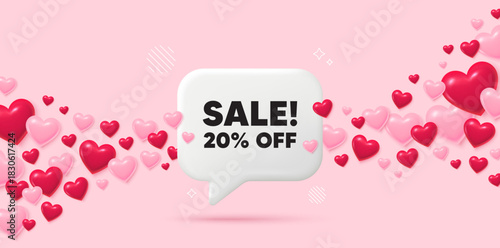 Sale chat speech bubble. 3d hearts pink background. Sale 20 percent off discount. Promotion price offer sign. Retail badge symbol. Valentines day greeting card. Flying hearts. Vector