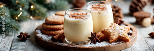 Eggnog Christmas milk cocktail with cinnamon, served in two glasses on vintage tray with shortbread star shape sugar cookies