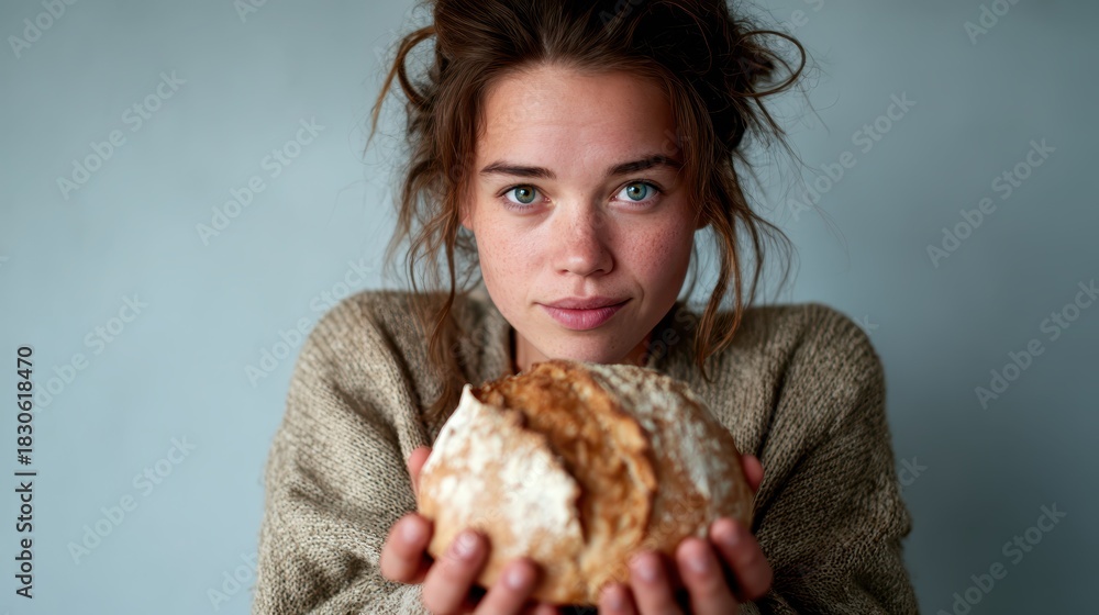 Fototapeta premium A young woman beams with happiness as she presents a freshly baked loaf of bread, symbolizing warmth, comfort, and the joy of homemade food.