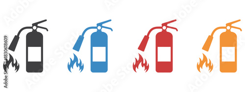 Fire extinguisher icons in multiple colors, essential safety symbols for emergency preparedness, ideal for workplace hazard visuals, warning signs, and critical environment safety illustrations.