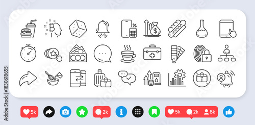 Timer, Coffee cup and No handbag line icons pack. Social media: share, comment, like icons. Lock, Chemistry lab, Dice web icon. Budget, Hotdog, Tablet pc pictogram. Vector