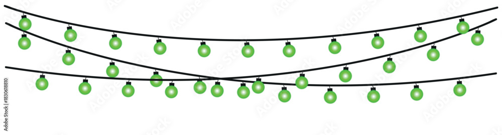 Fototapeta premium Three strands of green christmas lights hanging against a white background decoration holiday celebration , glowing holiday lights garland bulbs, twinkling fairy lights glow