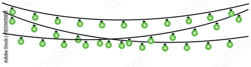 Three strands of green christmas lights hanging against a white background decoration holiday celebration , glowing holiday lights garland bulbs, twinkling fairy lights glow