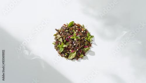 Dry flower herbal tea leaves arranged on white background, suitable for background design or layout use
