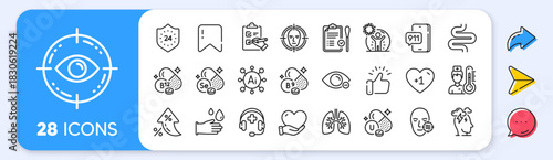 Face detect, Intestine and Medical support line icons. Interest rate, AI generate, Inflation icons. Pack of Folate vitamin, Rubber gloves, Myopia icon. Lungs, 24 hours, Checklist pictogram. Vector