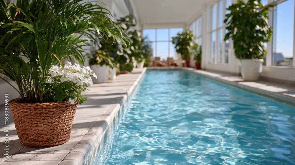 custom made wallpaper toronto digitalA serene indoor swimming pool is framed by lush green plants, creating a refreshing and tranquil environment that invites relaxation and rejuvenation.
