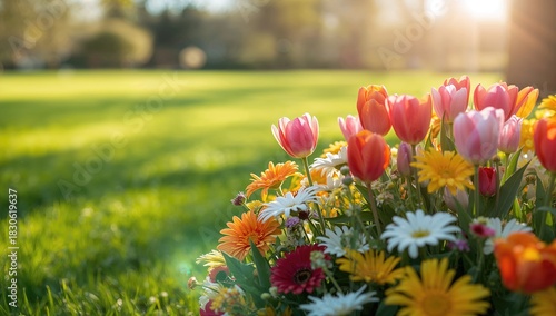 Fototapeta Naklejka Na Ścianę i Meble -  Colorful spring flowers blooming in sunlight, emphasizing seasonal renewal and garden aesthetics