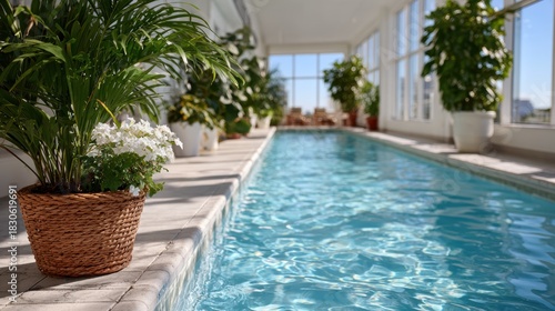 Wallpaper Mural A serene indoor swimming pool is framed by lush green plants, creating a refreshing and tranquil environment that invites relaxation and rejuvenation. Torontodigital.ca