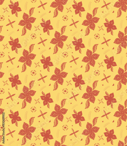 Openwork flowers and stylized leaves make up a seamless vector pattern in the style of Old Russian paintings.