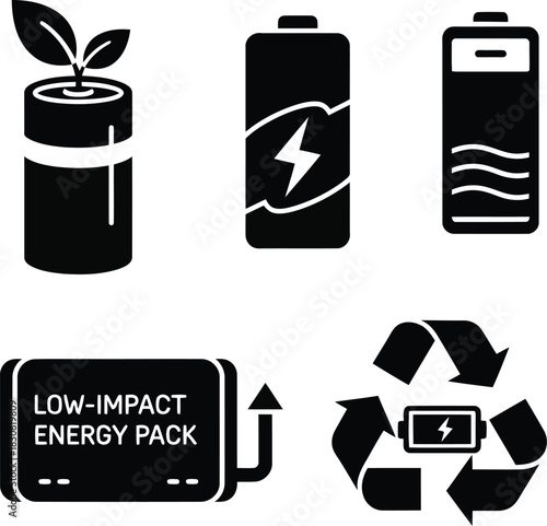Battery icons with green energy and recycling symbols