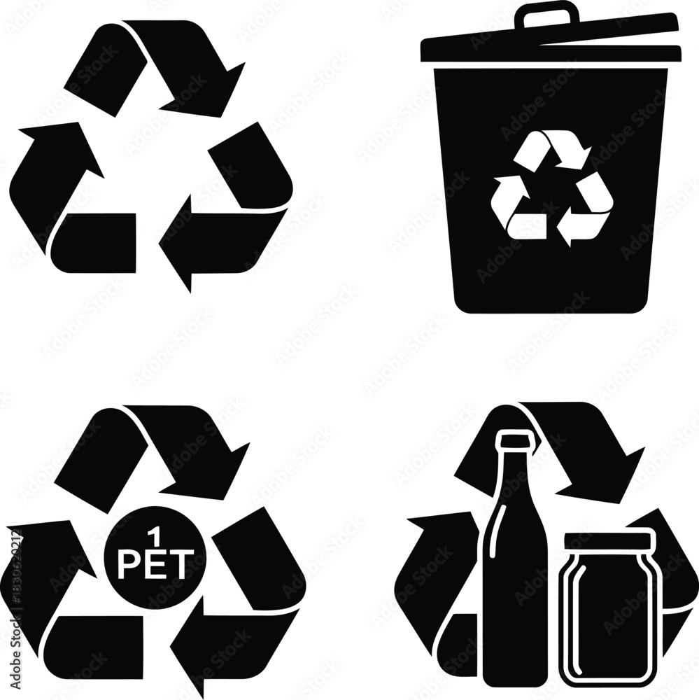 Obraz premium Black recycling symbols and icons on white background