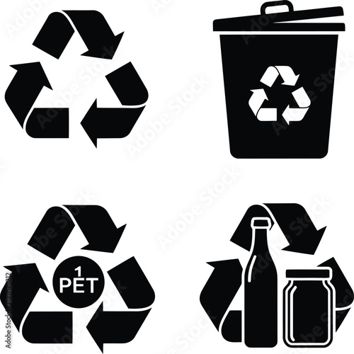 Black recycling symbols and icons on white background