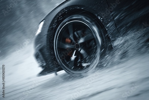 Black Car Driving Through Snow and Slush, Motion Blur. Wheel Splashing in Show. Winter Conditions.