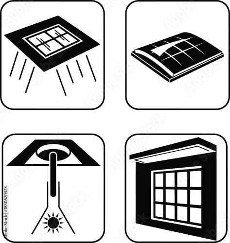 Four black and white icons depicting light sources and windows