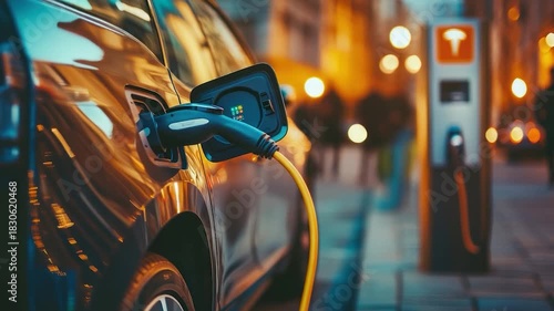 Electric car charging at a station at night