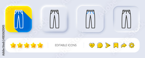 Pants line icon. Neumorphic, Flat shadow, 3d buttons. Trousers wear sign. Fabric jeans symbol. Line pants icon. Social media icons. Vector