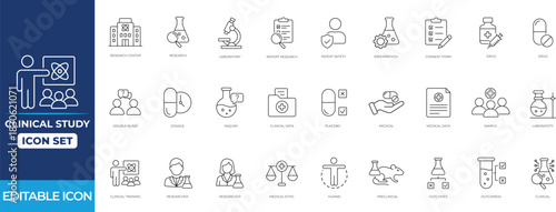 Clinical study icon set featuring research, diagnosis, patient, research, analysis, test, monitoring, trial, diagnostics, trial workflow, and healthcare analysis symbols.