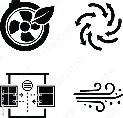 Four icons representing ventilation air flow and eco friendly fan