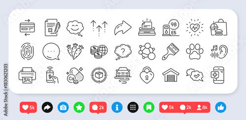 Typewriter, Love lock and Carrots line icons pack. Social media: share, comment, like icons. Route, Fast food, World money web icon. Integrity, Heartbeat, Smile chat pictogram. Vector