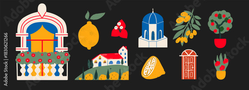 Mediterranean vector hand drawn set. European   drawing elements. Travel illustrations.Vacation stickers. Summer collection. Italian and Greek print design